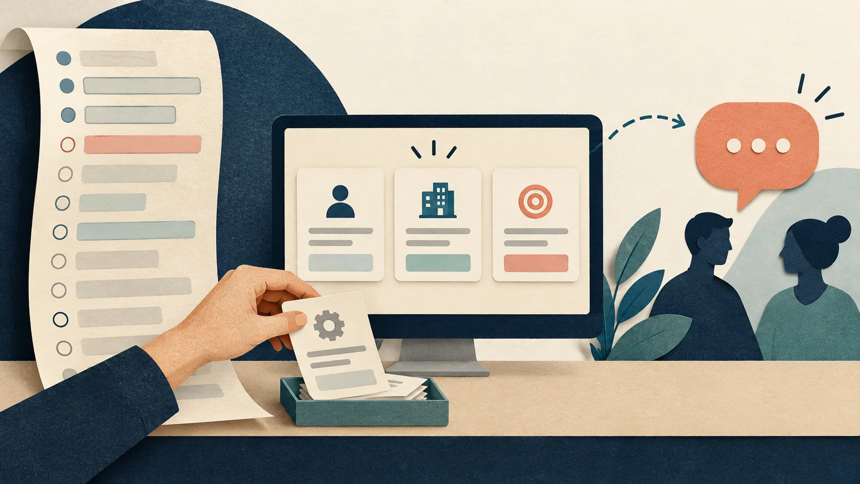 Ilustração de uma mão separando uma pergunta de um formulário, com três cartões na tela e duas pessoas em conversa.