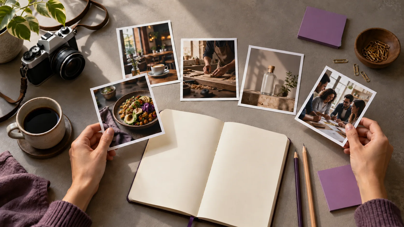 Ilustração editorial de fotografias, câmera e caderno organizados em uma mesa.