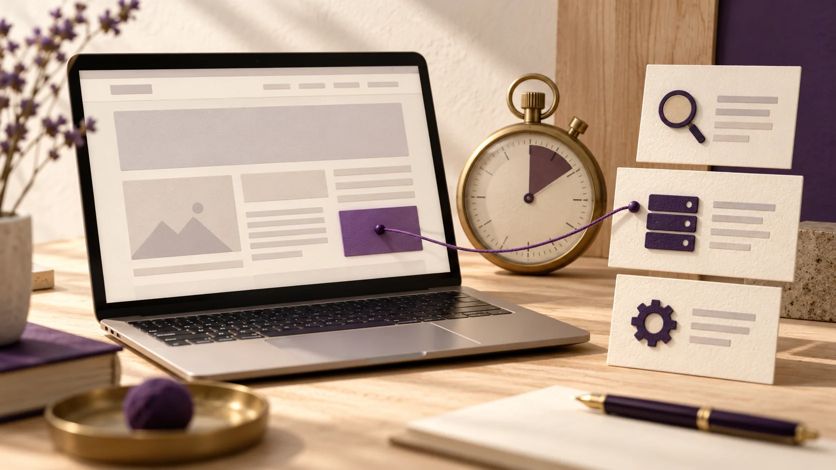 Ilustração editorial de um notebook com uma página abstrata, um cronômetro e cartões de diagnóstico ligados por um fio roxo.