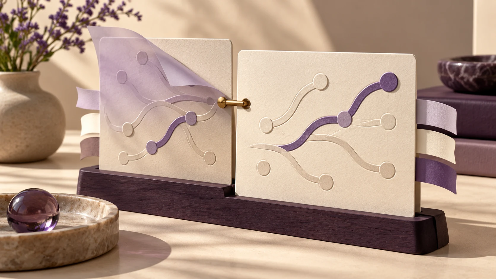 Ilustração editorial de dois cartões de papel conectados, com caminhos em relevo e uma escolha destacada em roxo, representando decisões e seu histórico.