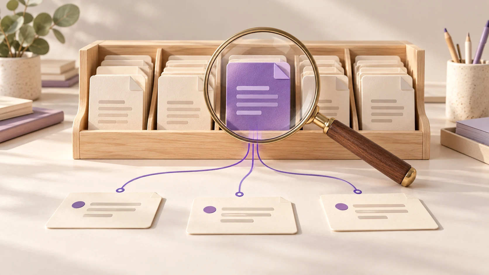 Ilustração editorial de uma lupa destacando um documento roxo em um arquivo de madeira, com três fichas de consulta conectadas ao documento.