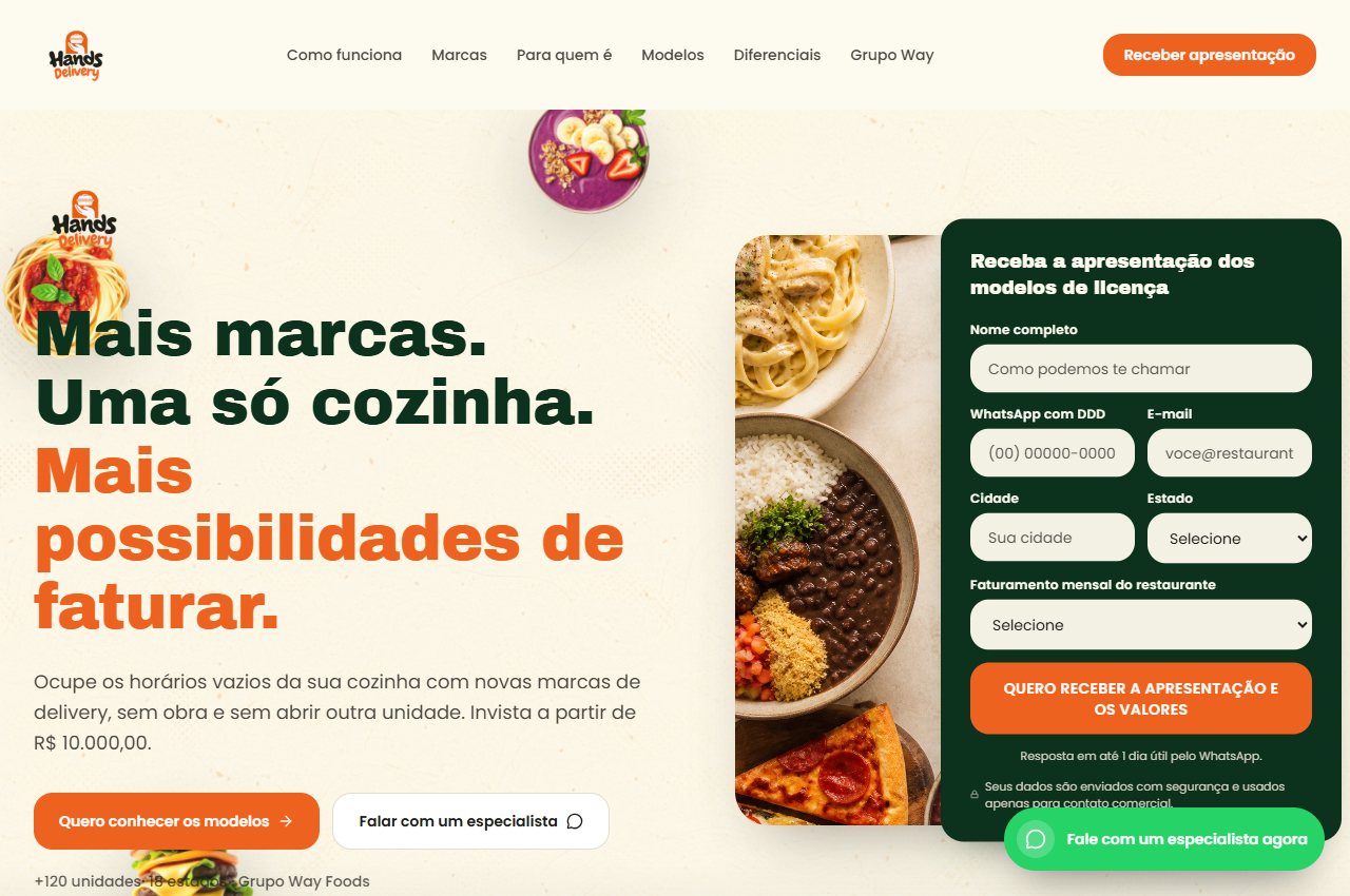 Captura da landing page pública da Hands Delivery com apresentação do licenciamento multimarcas