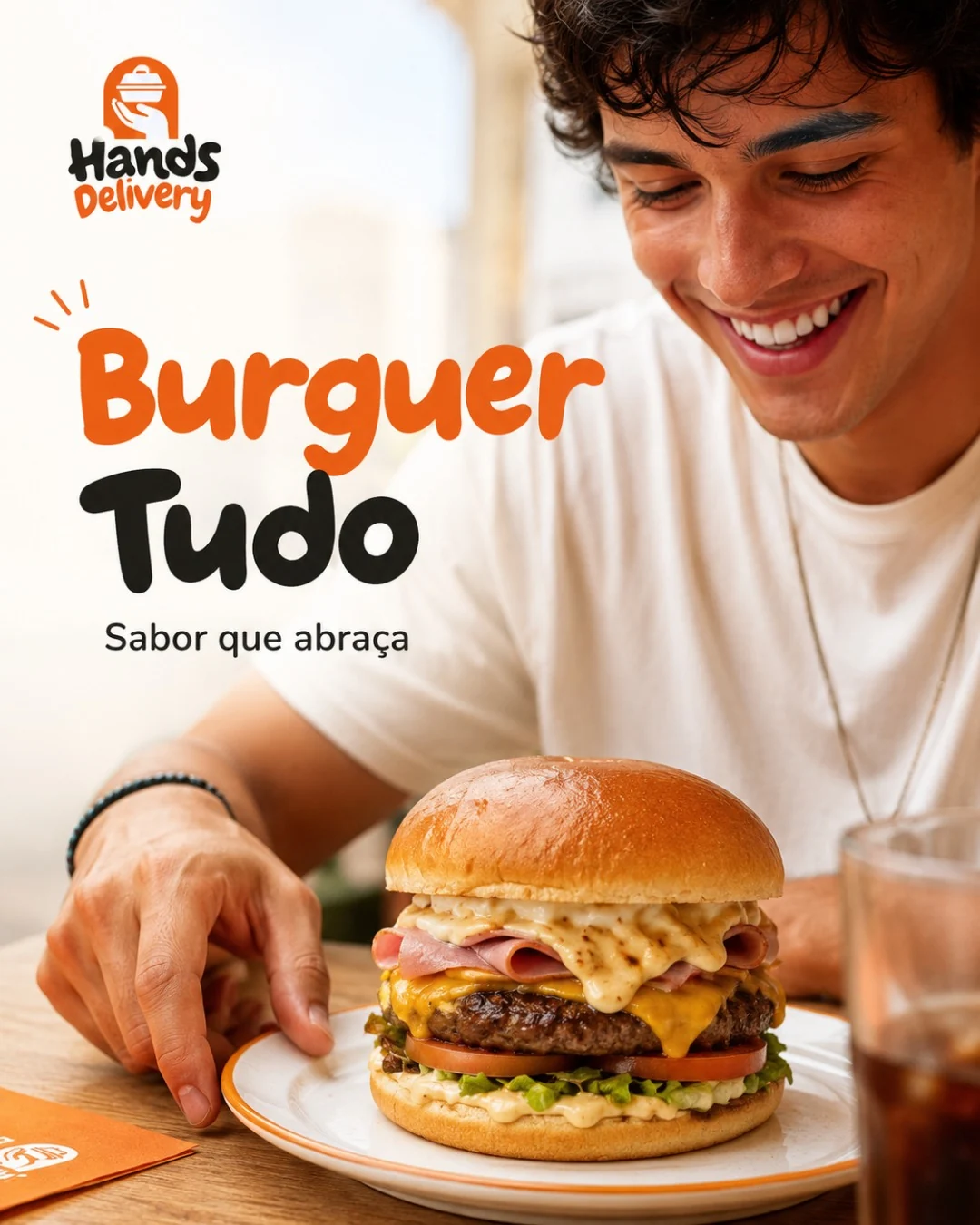Arte publicada pela Hands Delivery com um hambúrguer e a frase Burger Tudo.