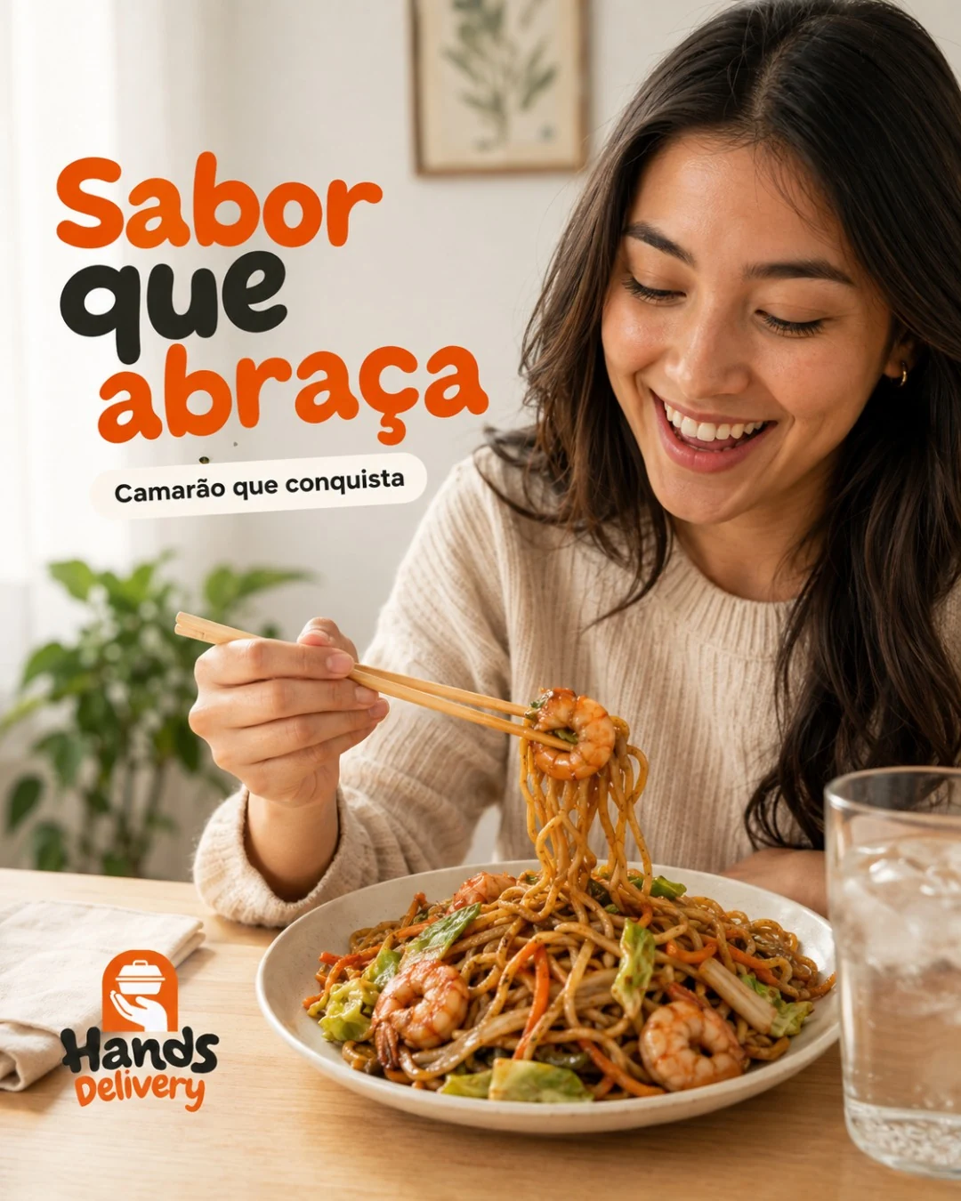 Arte publicada pela Hands Delivery com camarão, noodles e a frase Sabor que abraça.